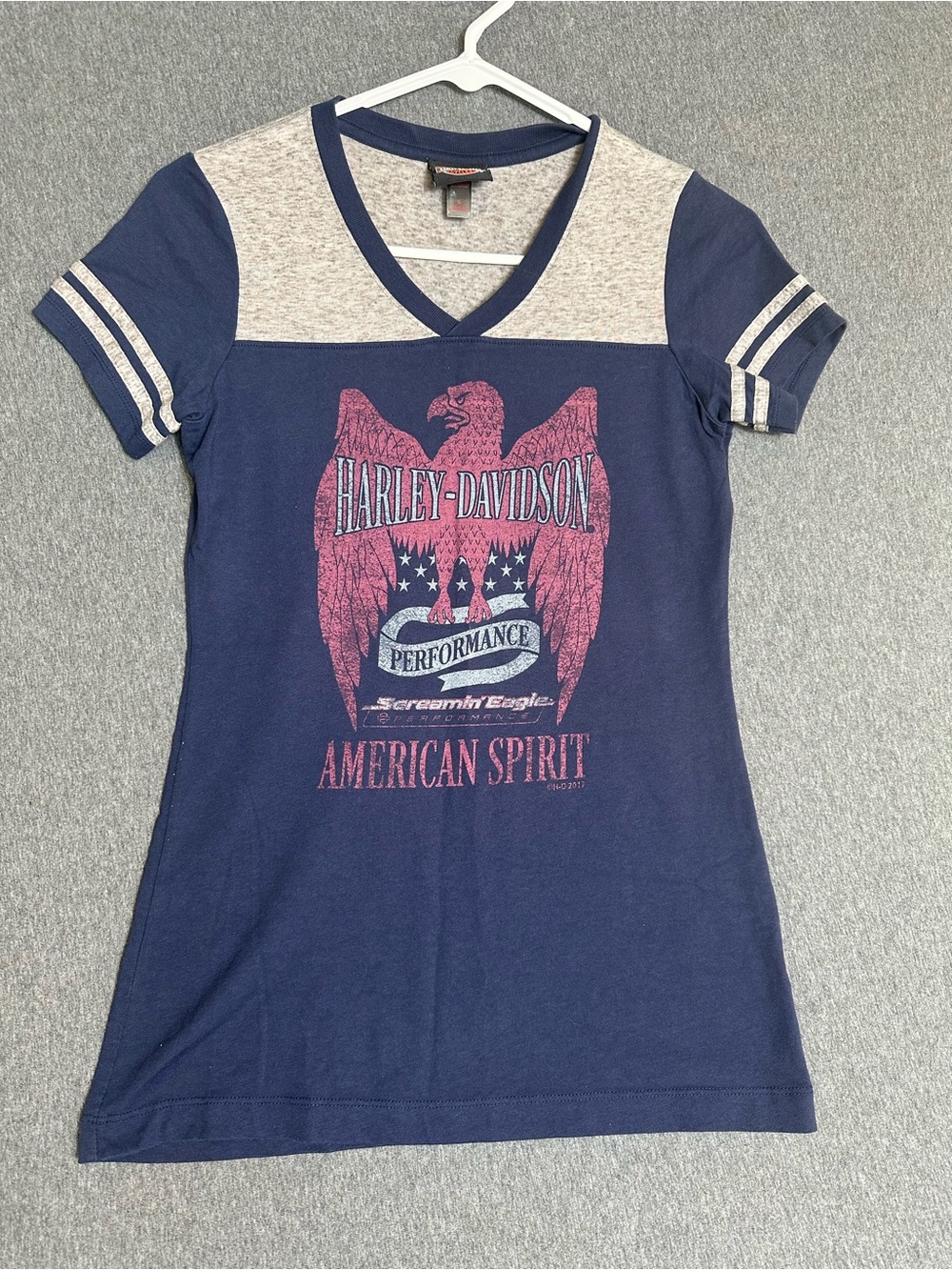 Harley-Davidson Navy and Heather Gray V-Neck Tee with Pink Eagle Graphic